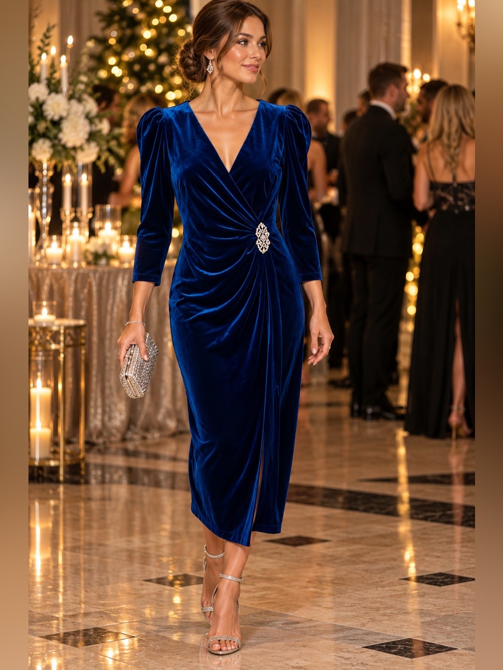 R&M Richards Sz 6 Royal Blue Velvet Rhinestone Ruched Midi Evening Dress